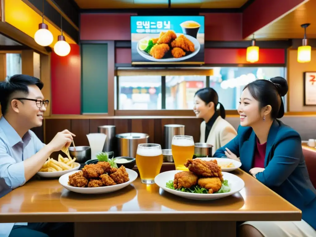 Imagen de un animado restaurante coreano de chimaek, con platos de pollo frito y cerveza helada, destacando la cultura asiática de chimaek