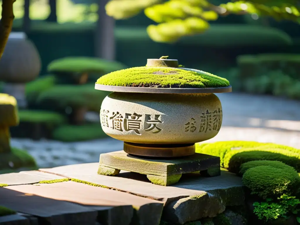 Imagen de una antigua linterna de piedra cubierta de musgo en un jardín japonés, evocando el significado estético del arte japonés WabiSabi