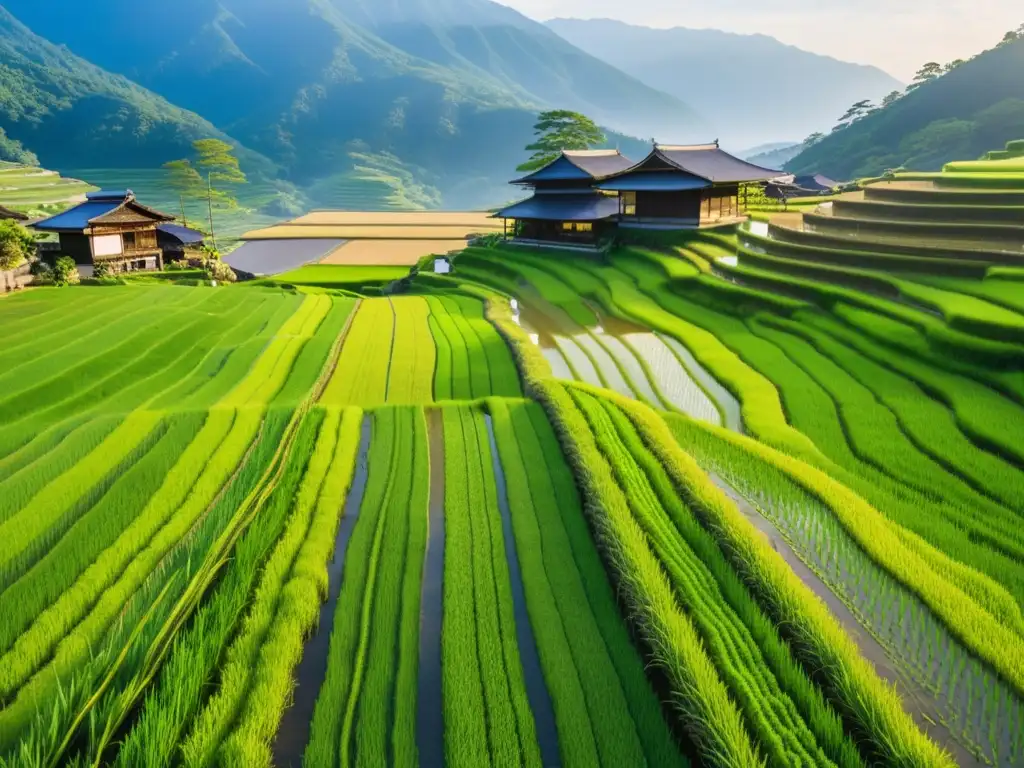 Imagen de un antiguo y sereno arrozal en Japón, con terrazas de plantas verdes reflejando la luz dorada