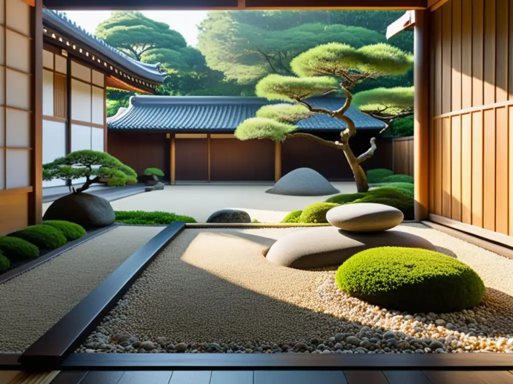 Imagen de un apacible jardín Zen con arquitectura japonesa tradicional, evocando paz y meditación Zen transformación cuerpo mente