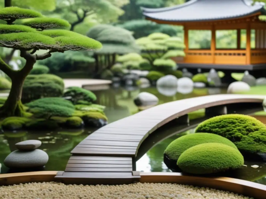 Imagen 8k de un apacible jardín Zen japonés con estanque, puentes y estructuras, transmitiendo la serenidad y los beneficios de la meditación asiática