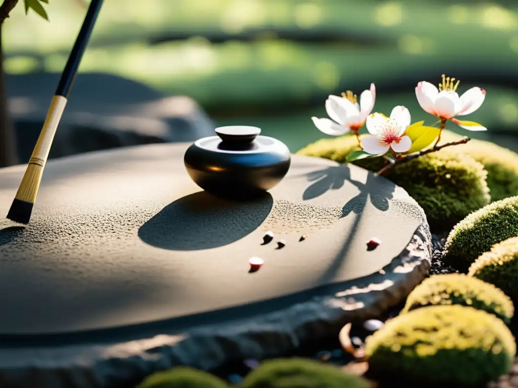 Imagen de un apacible jardín japonés con pincel de caligrafía y tinta sumi, evocando caligrafía japonesa meditación en un entorno sereno y tranquilo