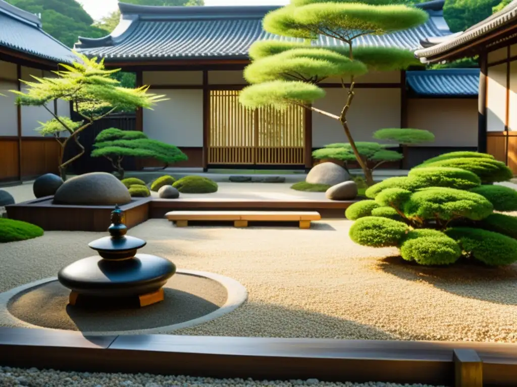 Imagen de un apacible jardín zen japonés con templo de madera y bambú, reflejando la filosofía Zen