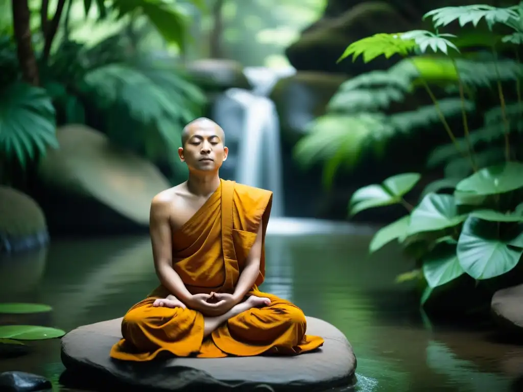 Monje budista en meditación, armonía y serenidad Imagen apacible de un monje budista meditando en armonía con la naturaleza, transmitiendo paz interior