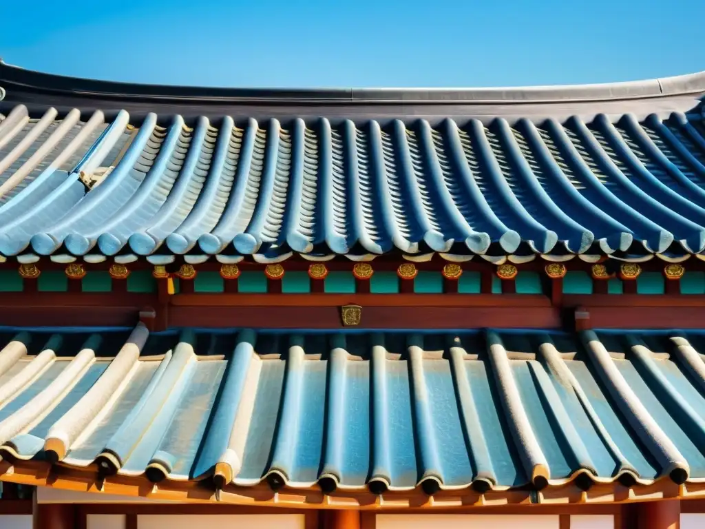 Imagen de la arquitectura de la dinastía Joseon con tejas azules, resaltando la belleza y legado histórico