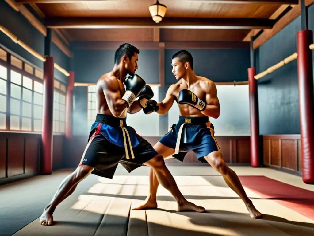 Imagen de artistas marciales practicando técnicas de kickboxing en un entorno tradicional, evocando el origen y evolución del kickboxing con expresiones enfocadas y movimientos dinámicos