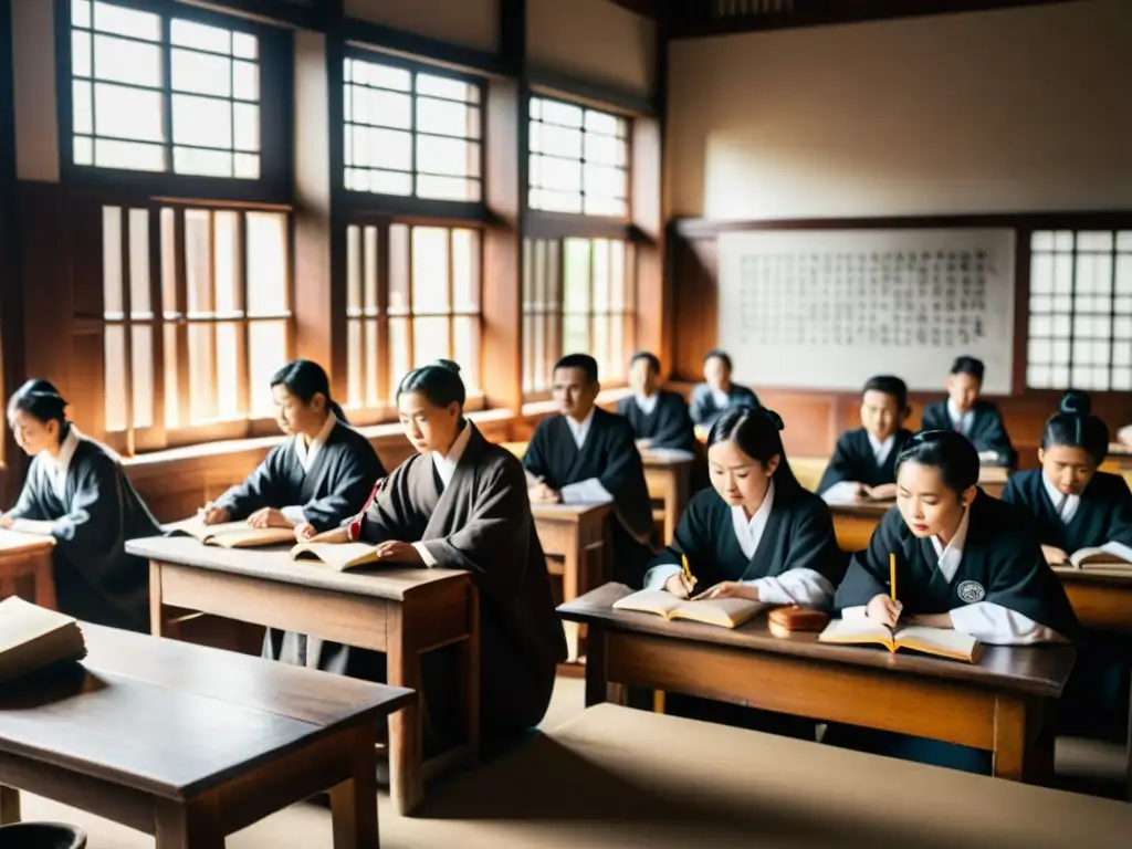 Imagen de una aula china tradicional, con estudiantes y maestro disfrutando de lecciones de vida de Confucio en un ambiente reverente y de búsqueda intelectual