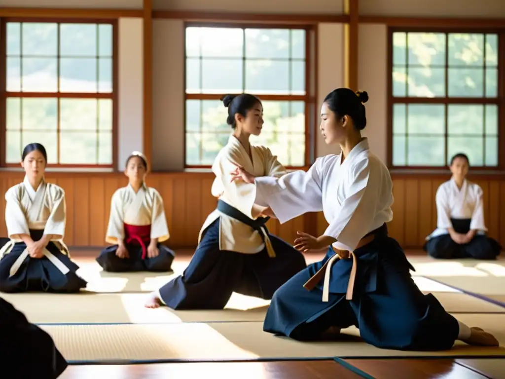 Imagen de aula con estudiantes practicando Aikido, reflejando los principios de armonía y resolución de conflictos