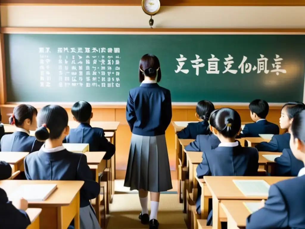 Imagen de aula japonesa tradicional con estudiantes atentos y maestro dando lección