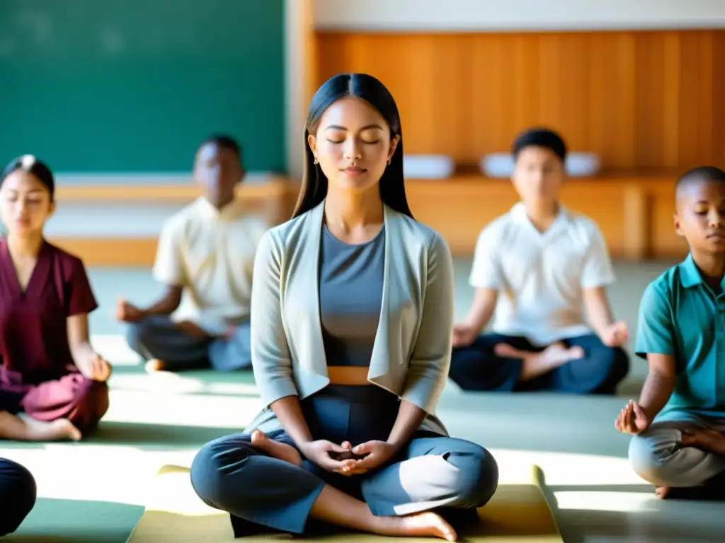 Imagen de aula serena con estudiantes meditando y maestro sonriendo, incorporando técnicas budistas para mejorar memoria