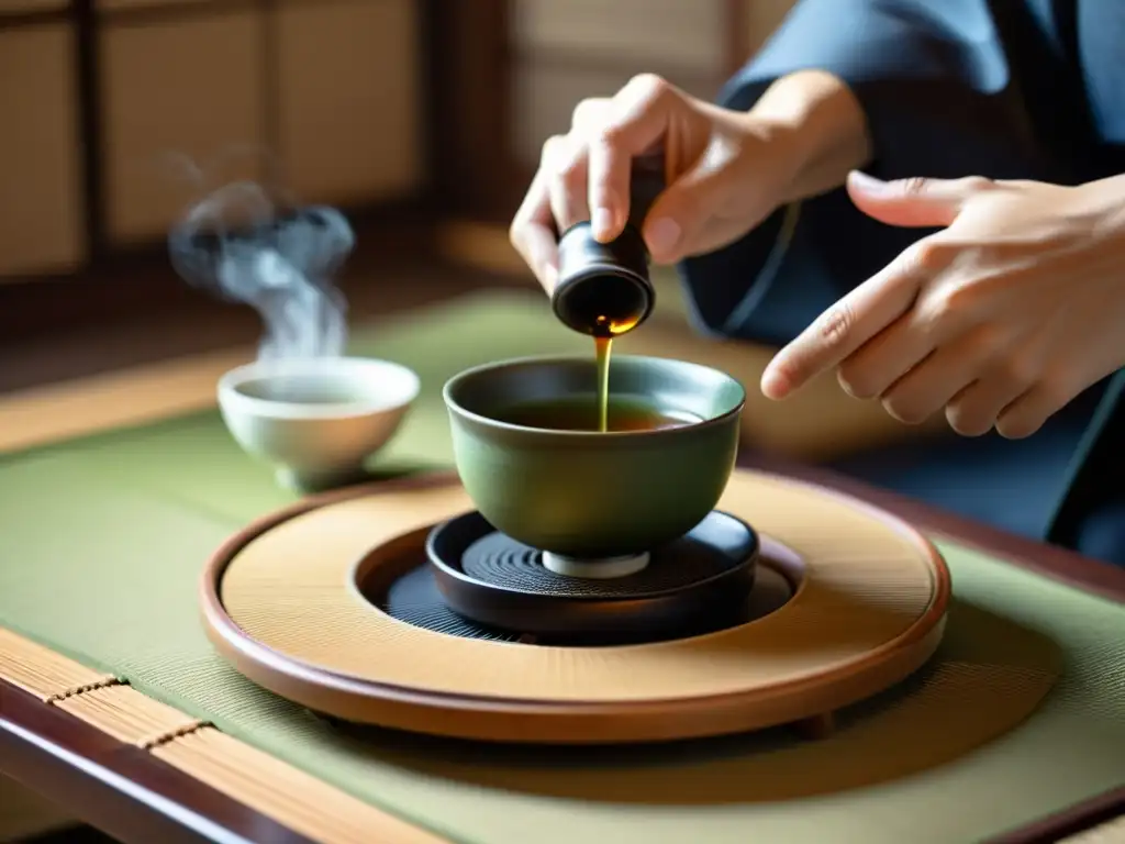 En esta imagen se representa una auténtica ceremonia del té japonés, con una atmósfera serena y detallada