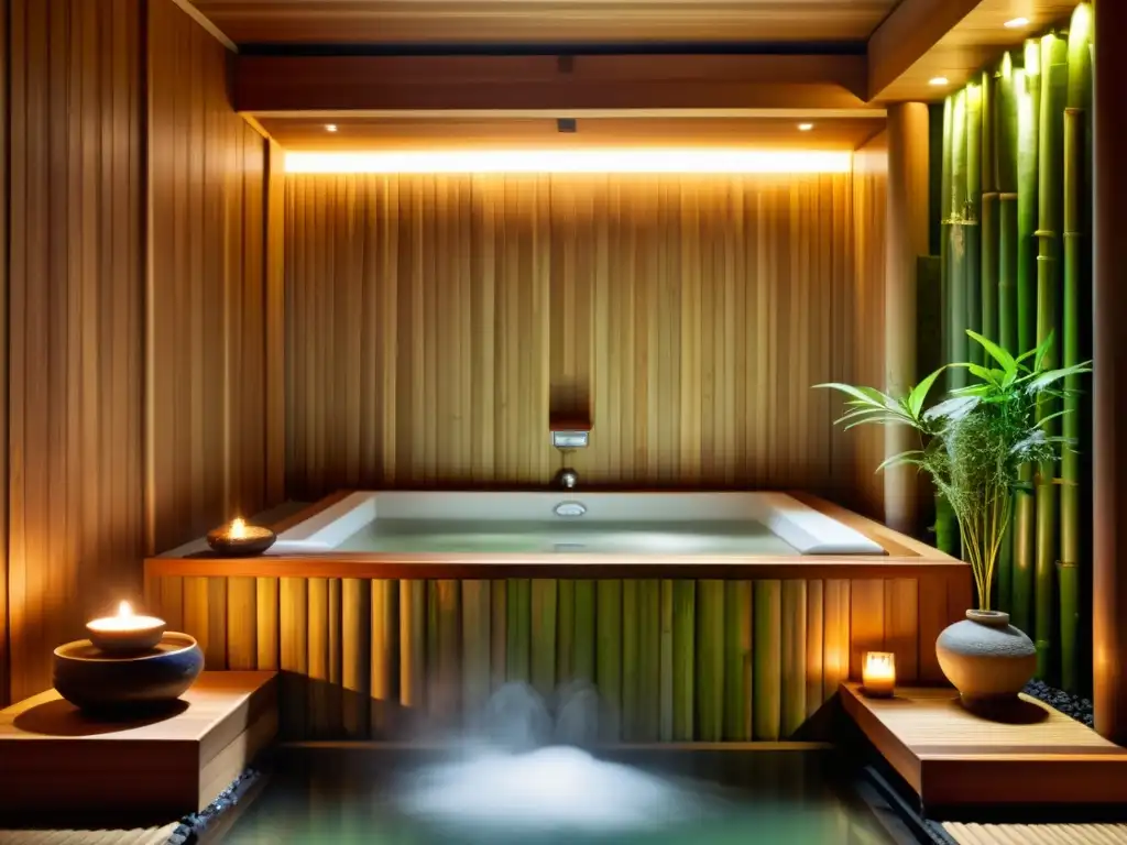 Imagen de un baño de vapor tradicional japonés, con detalles de madera, iluminación suave y vapor aromático