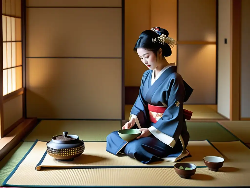 Imagen de la belleza y tradición cultural de una ceremonia del té japonesa con geishas elegantemente vestidas en un entorno tradicional de casa de té