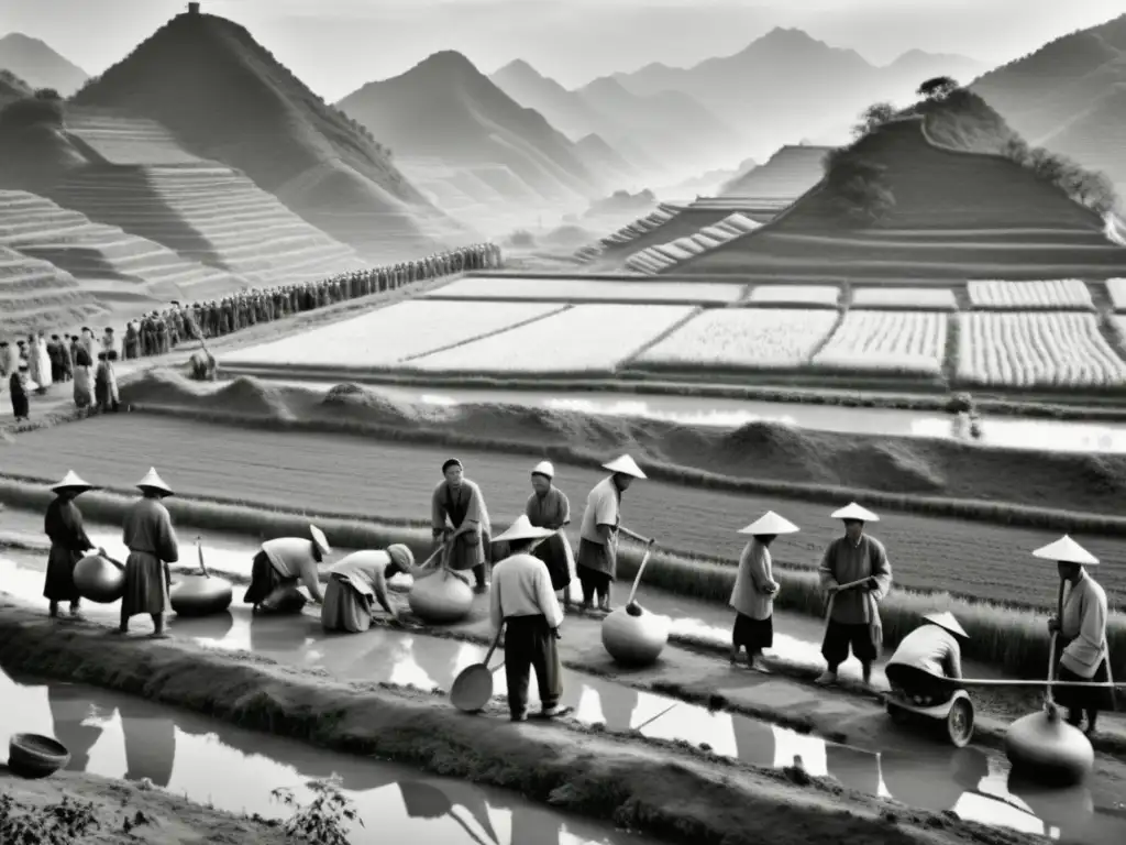 Imagen en blanco y negro de una aldea rural durante la Dinastía Sui, mostrando la vida de los agricultores y un funcionario gubernamental supervisando la tierra