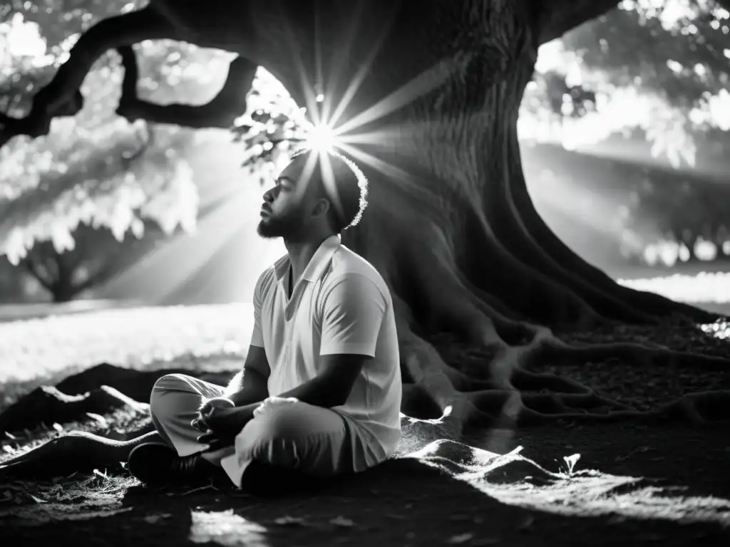 Imagen en blanco y negro de meditación bajo un árbol, con rayos de sol filtrándose entre las hojas