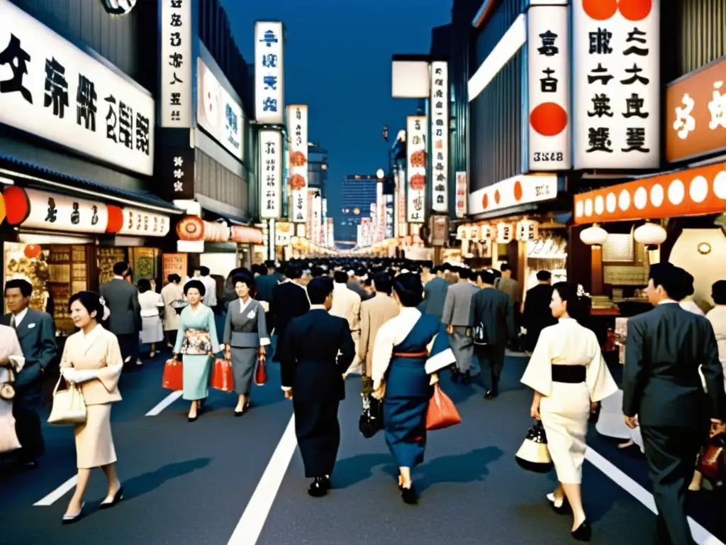 Imagen en blanco y negro de una bulliciosa calle de Tokio en los años 50, reflejando la influencia del cine asiático en occidente