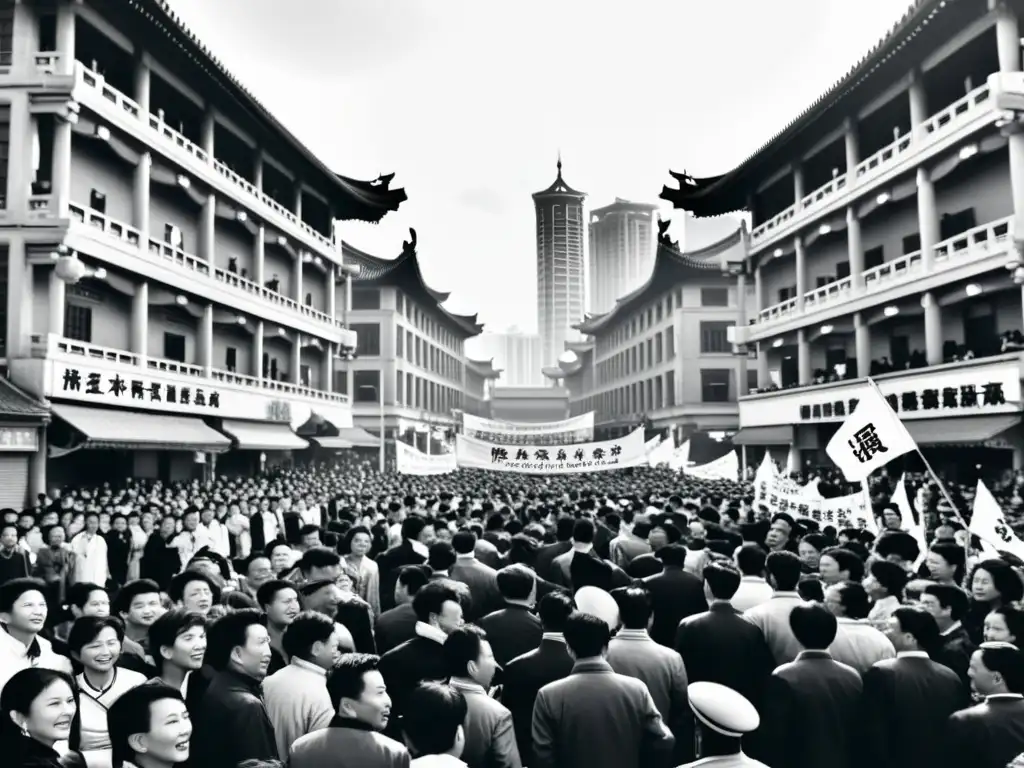 Imagen en blanco y negro de la bulliciosa calle de una ciudad china durante la Revolución Xinhai, con personas vestidas con ropa tradicional y portando pancartas con consignas revolucionarias, mostrando la energía y determinación del momento histórico de transición entre dinastías chinas y la República