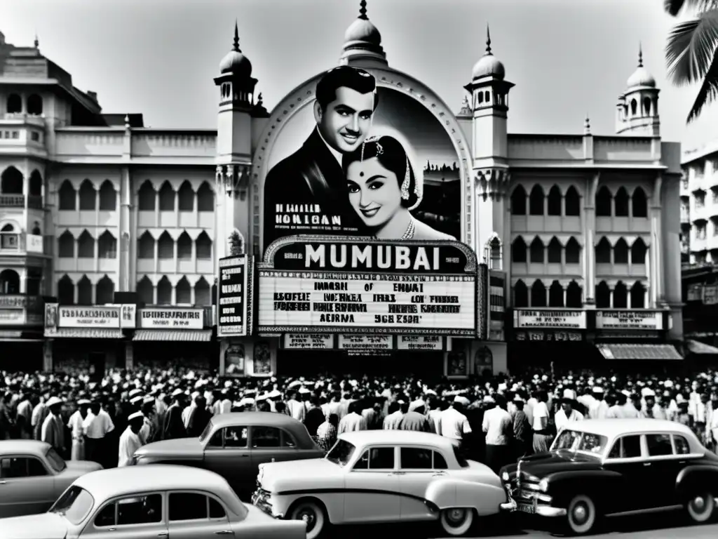 Imagen en blanco y negro de la bulliciosa Mumbai de los años 50, con un cine vintage y afiches de estrellas de Bollywood