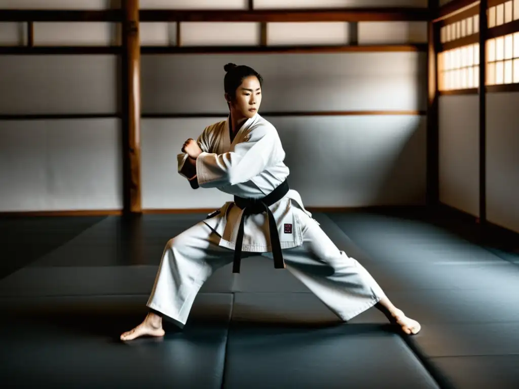 Imagen en blanco y negro de un dojo de artes marciales en Japón, con un sensei y estudiantes practicando