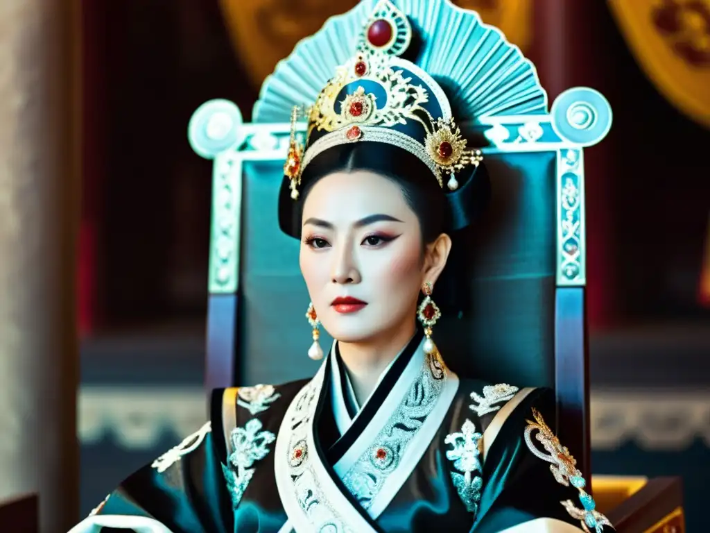 Imagen en blanco y negro de la Emperatriz Wu Zetian en su trono, rodeada de su corte real