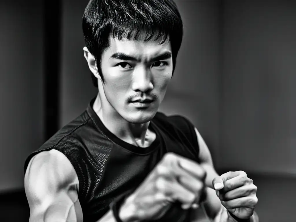 Imagen en blanco y negro de Bruce Lee practicando Jeet Kune Do, reflejando su legado espiritual y disciplina