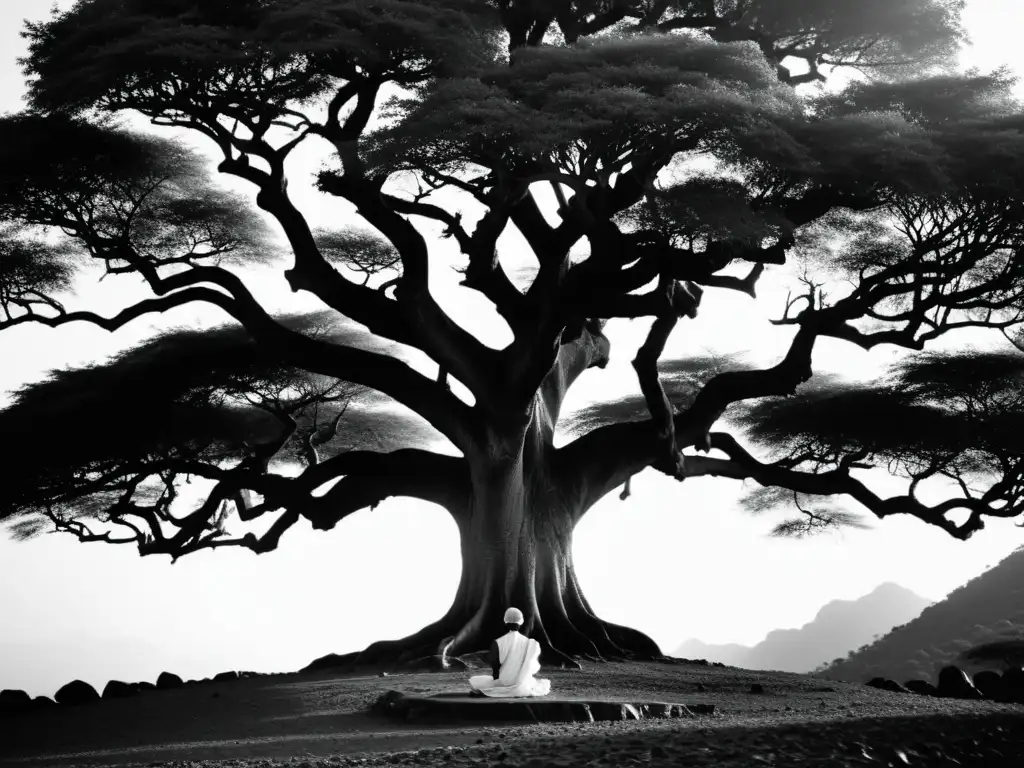 Imagen en blanco y negro de meditador bajo árbol banyan, evocando enseñanzas de Ramana Maharshi en Tiruvannamalai, India