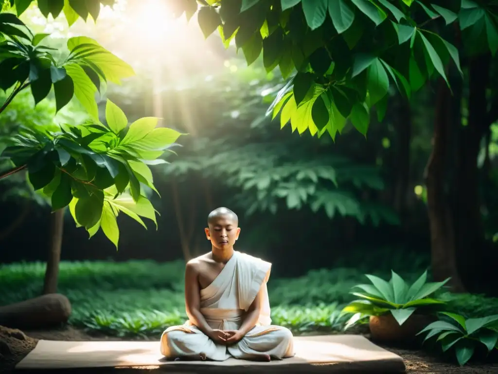 Imagen en blanco y negro de monje budista meditando entre exuberante vegetación, reflejando paz y reflexión interior del Budismo