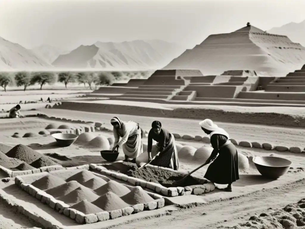 Imagen en blanco y negro de mujeres trabajando en los campos del antiguo Valle del Indo