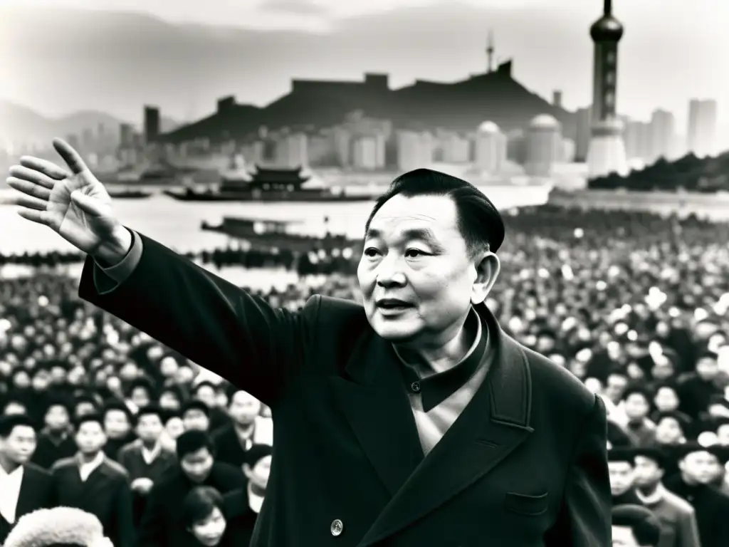 Imagen en blanco y negro de Deng Xiaoping entre una multitud, señalando hacia un bullicioso horizonte urbano