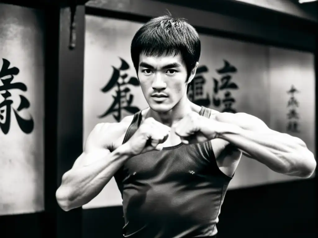 Imagen en blanco y negro de Bruce Lee en postura clásica de Jeet Kune Do, reflejando su legado y filosofía