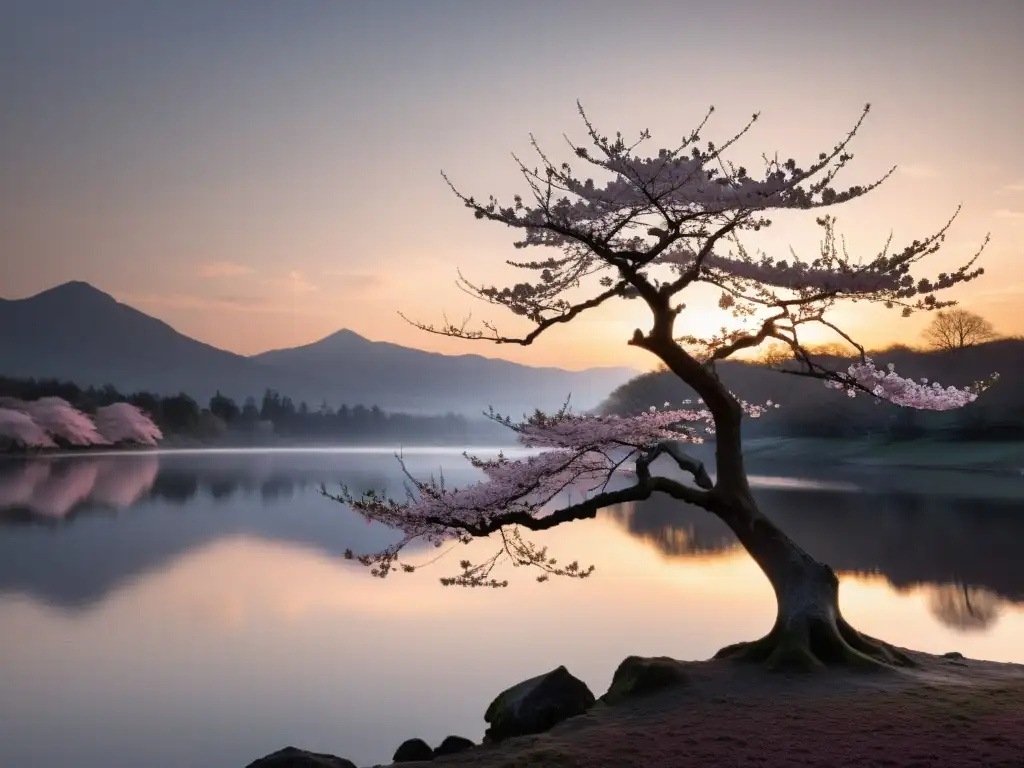 Imagen en blanco y negro de un solitario cerezo en flor, reflejado en un tranquilo lago al amanecer