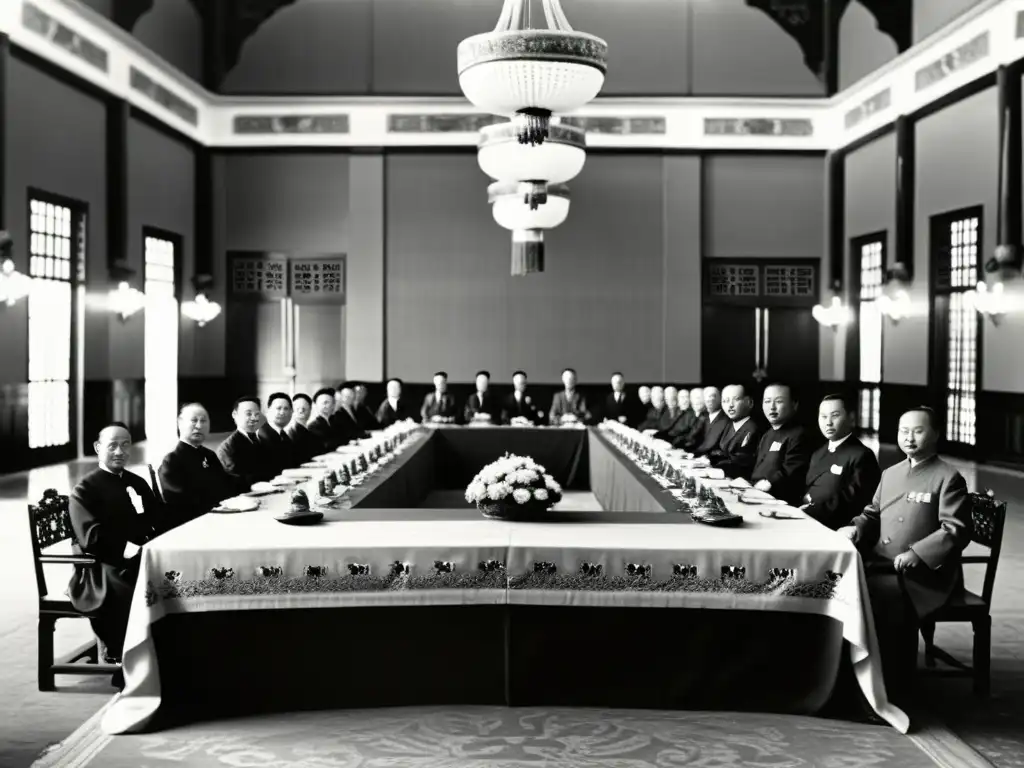 Imagen en blanco y negro de una tensa negociación entre oficiales Qing y diplomáticos occidentales en un salón grandioso