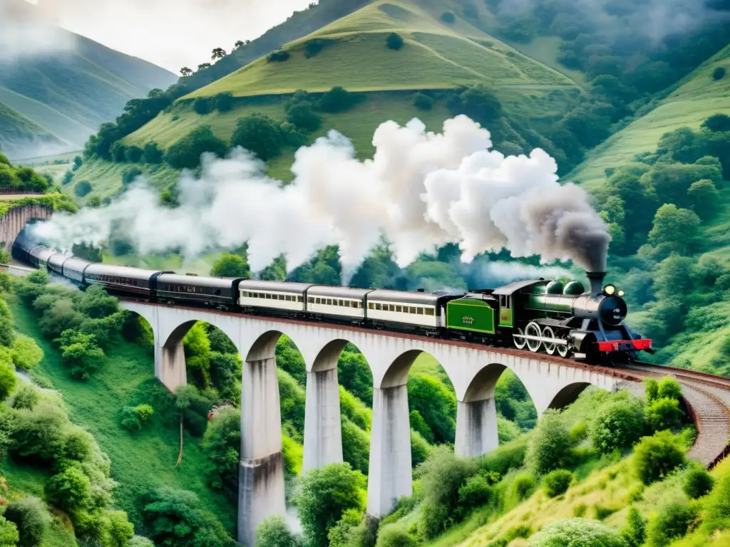 Imagen en blanco y negro de un tren de vapor vintage cruzando una región montañosa, con un puente en el fondo