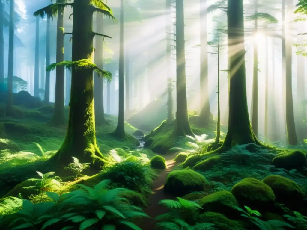 La imagen muestra un bosque místico de la película 'Princess Mononoke', con árboles antiguos, vegetación exuberante y una atmósfera mágica