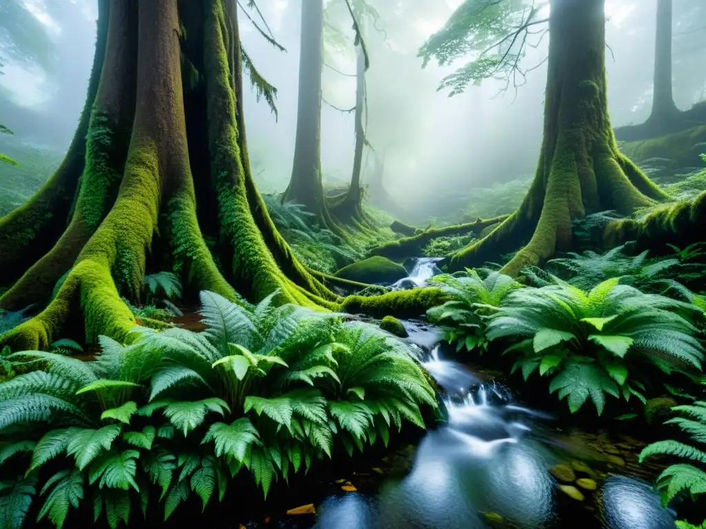 Imagen de un bosque neblinoso y sereno con árboles antiguos, helechos verdes y una delicada telaraña brillante