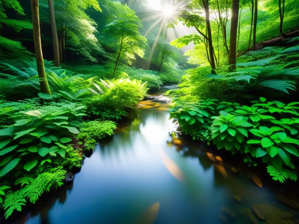 Imagen de un bosque sereno y frondoso con luz solar filtrándose a través del dosel, proyectando sombras moteadas en el suelo