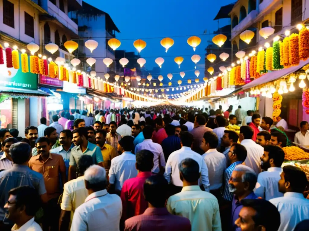 La imagen muestra el bullicio de una calle en India durante el Festival Diwali, con luces y decoraciones vibrantes