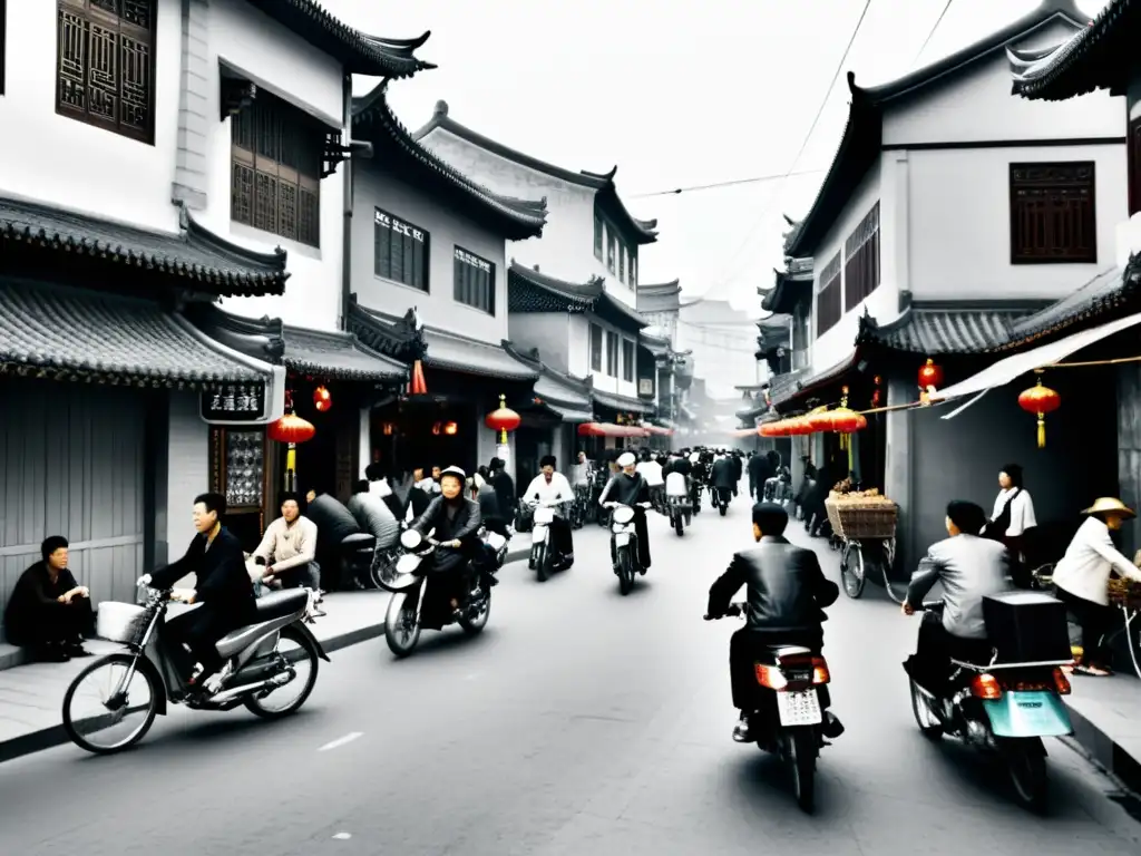 Imagen de una bulliciosa calle en una ciudad china, con arquitectura tradicional y vida urbana contemporánea