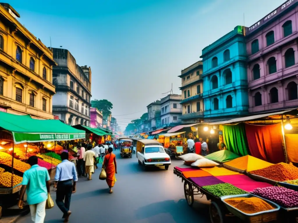 Imagen de una bulliciosa calle en Kolkata, La India contemporánea literatura, con vibrantes vendedores y contrastes entre lo tradicional y lo moderno