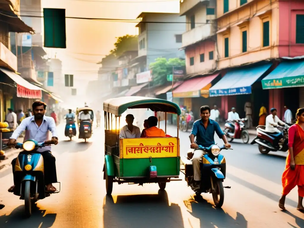 Imagen de una bulliciosa calle de la India, con colores vibrantes, rostros diversos y energía dinámica