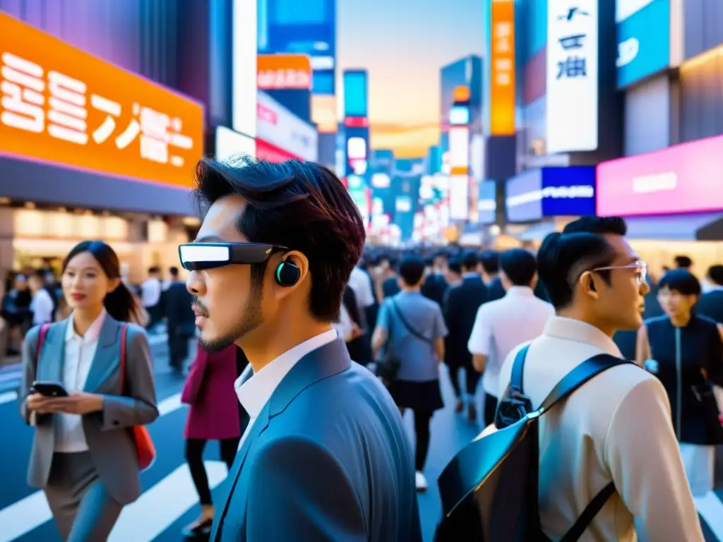 Una imagen de alta resolución de una bulliciosa calle de Tokio con innovadores wearables de Japón y una atmósfera futurista