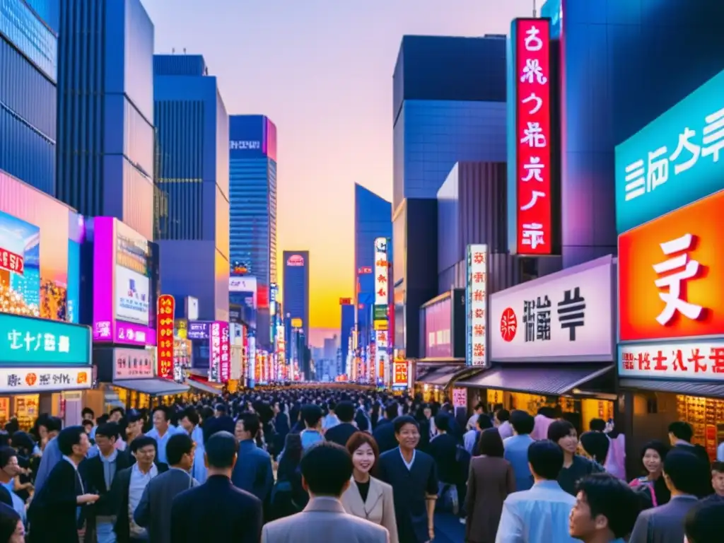 La imagen muestra una bulliciosa calle de Tokio, con letreros de neón y multitudes