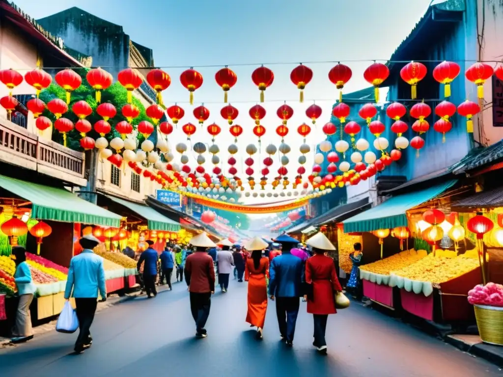 La imagen muestra la bulliciosa calle en Vietnam durante el Tet Nguyen Dan, con linternas y decoraciones tradicionales