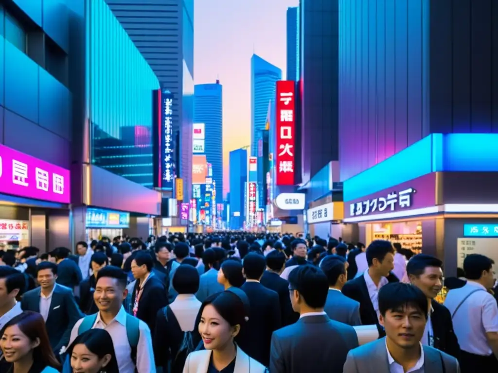 La imagen muestra una bulliciosa calle de Tokio, llena de luces de neón y gente