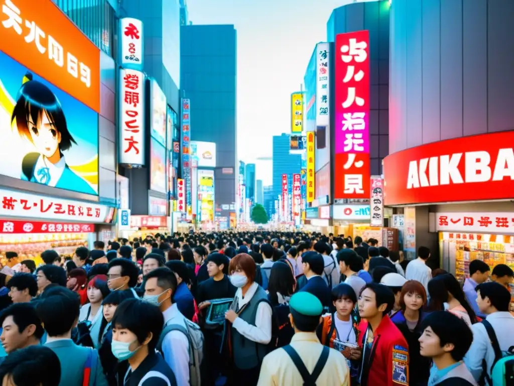 Imagen de la bulliciosa cultura pop japonesa en Tokio, con calles repletas de gente, luces de neón y tiendas de manga y anime vibrantes