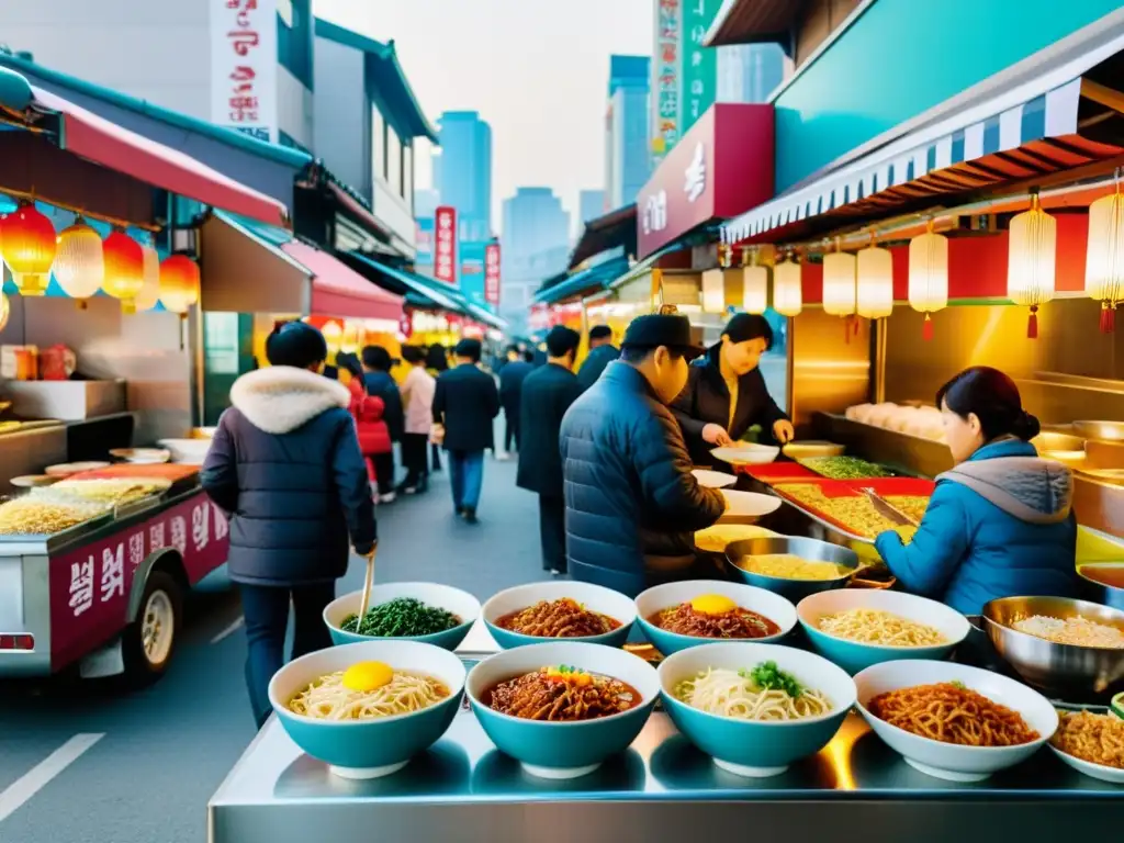 Imagen de bulliciosa escena callejera en Corea del Sur, con puestos de comida vendiendo variedad de platos de ramyeon tradicionales y modernos