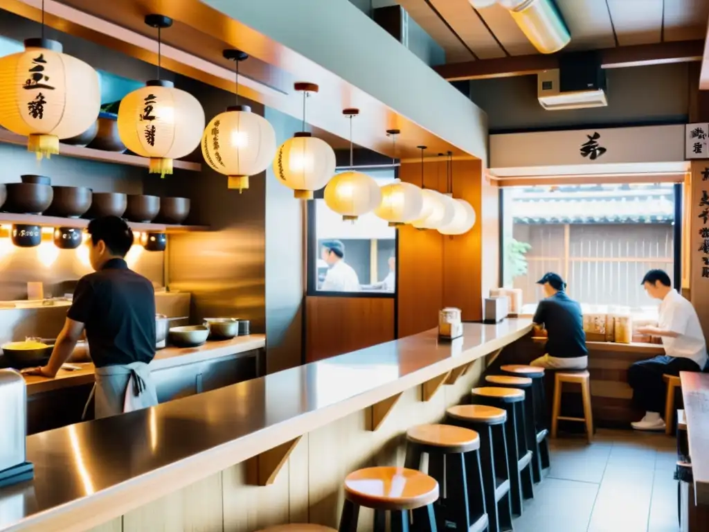 La imagen muestra un bullicioso y animado local de ramen en Tokio, con una larga barra de madera y pequeños taburetes redondos