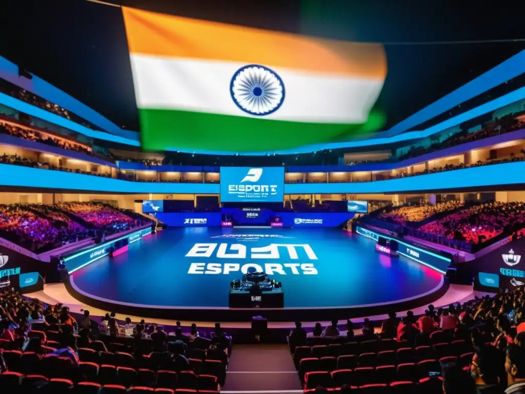 La imagen muestra un bullicioso escenario de eSports en India, con fans entusiastas, gamers profesionales y la bandera de la India