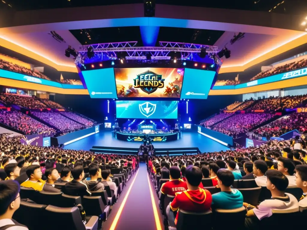 La imagen muestra un bullicioso estadio de deportes electrónicos en Asia, con fanáticos vitoreando a sus equipos favoritos de League of Legends