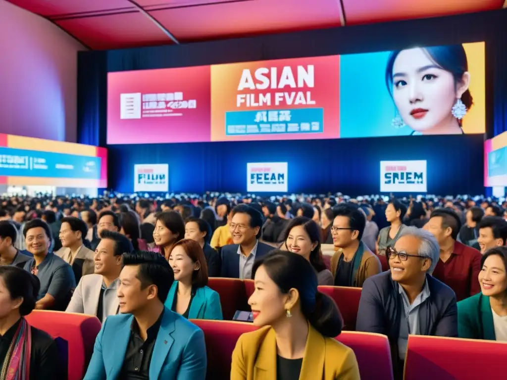 La imagen muestra un bullicioso festival de cine asiático, con gente explorando puestos, viendo películas y participando en discusiones